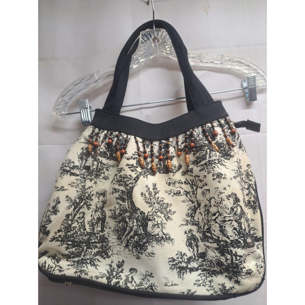 Christiana Black And White Toile Fabric Purse With Wooden Bead Fringe  Purse